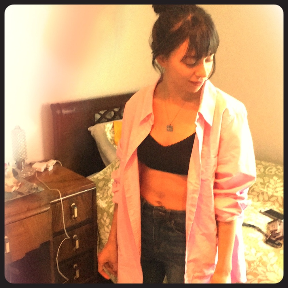 Oversized salmon boyfriend flannel.